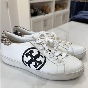 Tory Burch White Leather Logo Sneakers with Snake-Print Heel